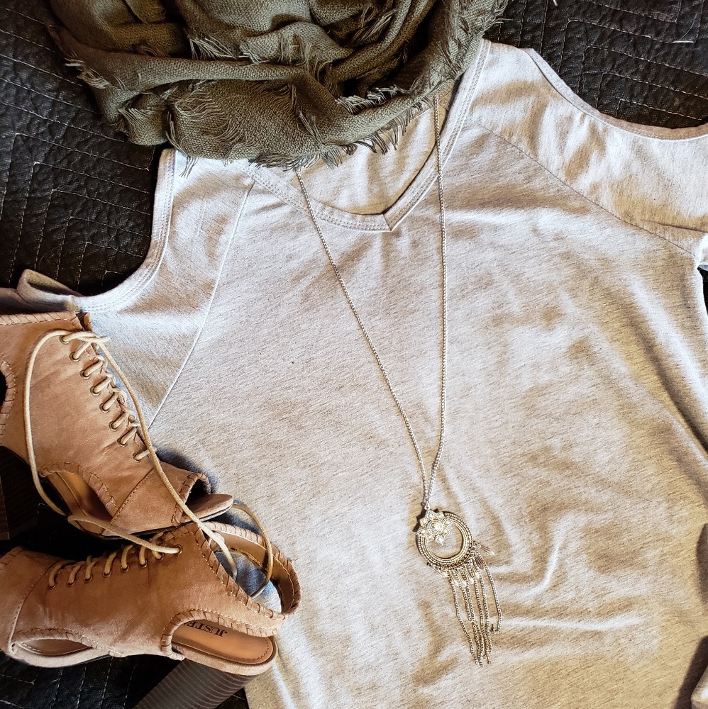 Gray cold shoulder top.